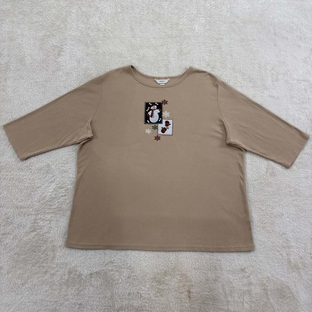 CJ Banks Womens 3X Snowman Christmas Top Embroidered Applique Grandmacore